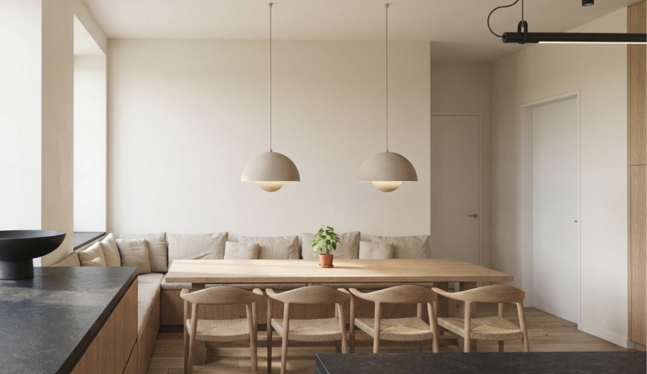 3D-Visualisierung des Essplatzes in der K&uuml;che mit Sitzbank, Holztisch, St&uuml;hlen aus hellem Holz und zwei Pendelleuchten