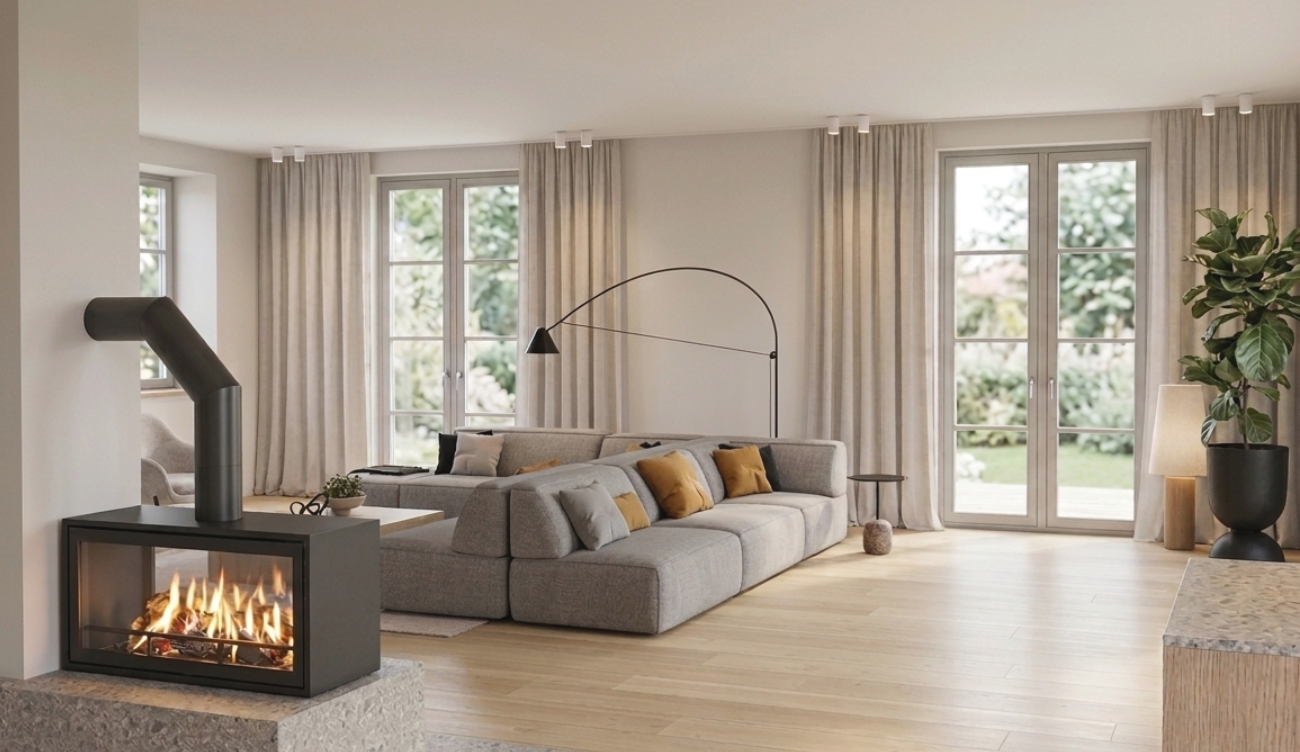 3D-Visualisierung eines Wohnbereichs mit Sofainsel, Kamin auf Keramiksockel aus Keramik, Bogenleuchte und bodentiefen Fenstern zum Garten