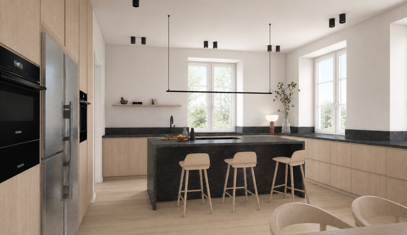 3D-Visualisierung einer K&uuml;che mit dunkler K&uuml;cheninsel aus Schiefer, drei Barhockern, Eichenfronten und linearer Pendelleuchte vor Sprossenfenstern