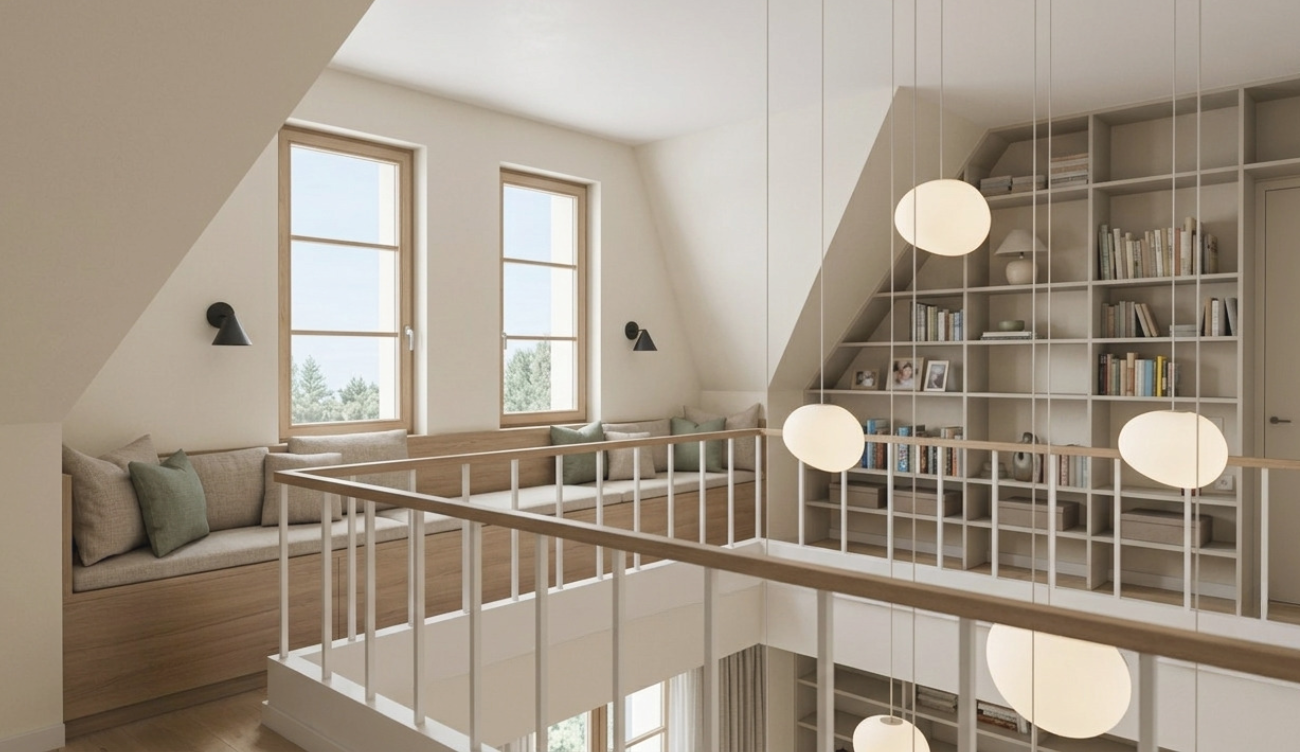 3D-Visualisierung der Galerie im Obergeschoss mit Sitzbank am Fenster unter der Dachschr&auml;ge, Holzgel&auml;nder und Bibliothek &uuml;ber zwei Geschosse