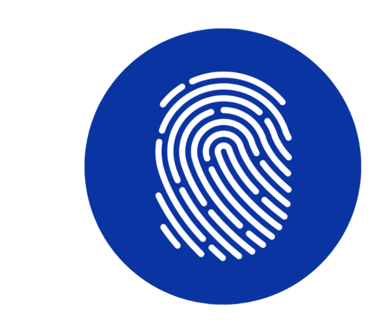 Blaues Symbol mit einem Fingerabdruck in weißer Liniengrafik.