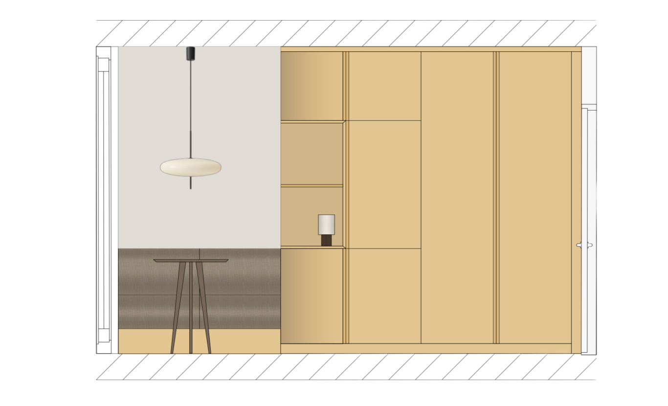 Wandansicht eines Einbaumöbels für eine gelbe Küche mit gemütlichem Sitzbereich.