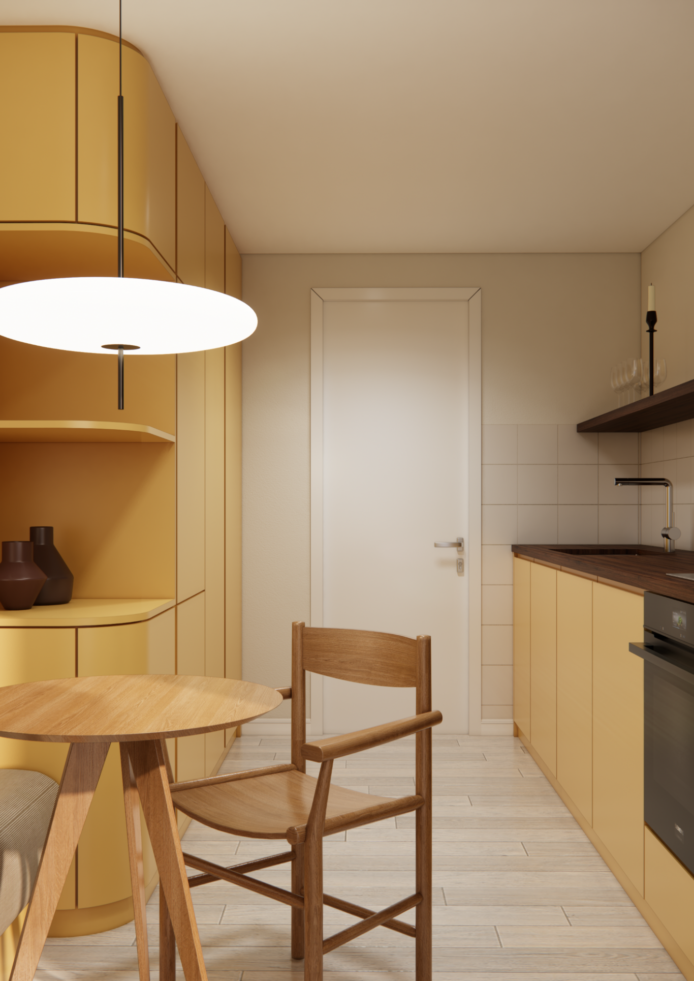 Moderne Küche mit gelben Schränken, Tisch, Stuhl und einer hellen Deckenlampe.