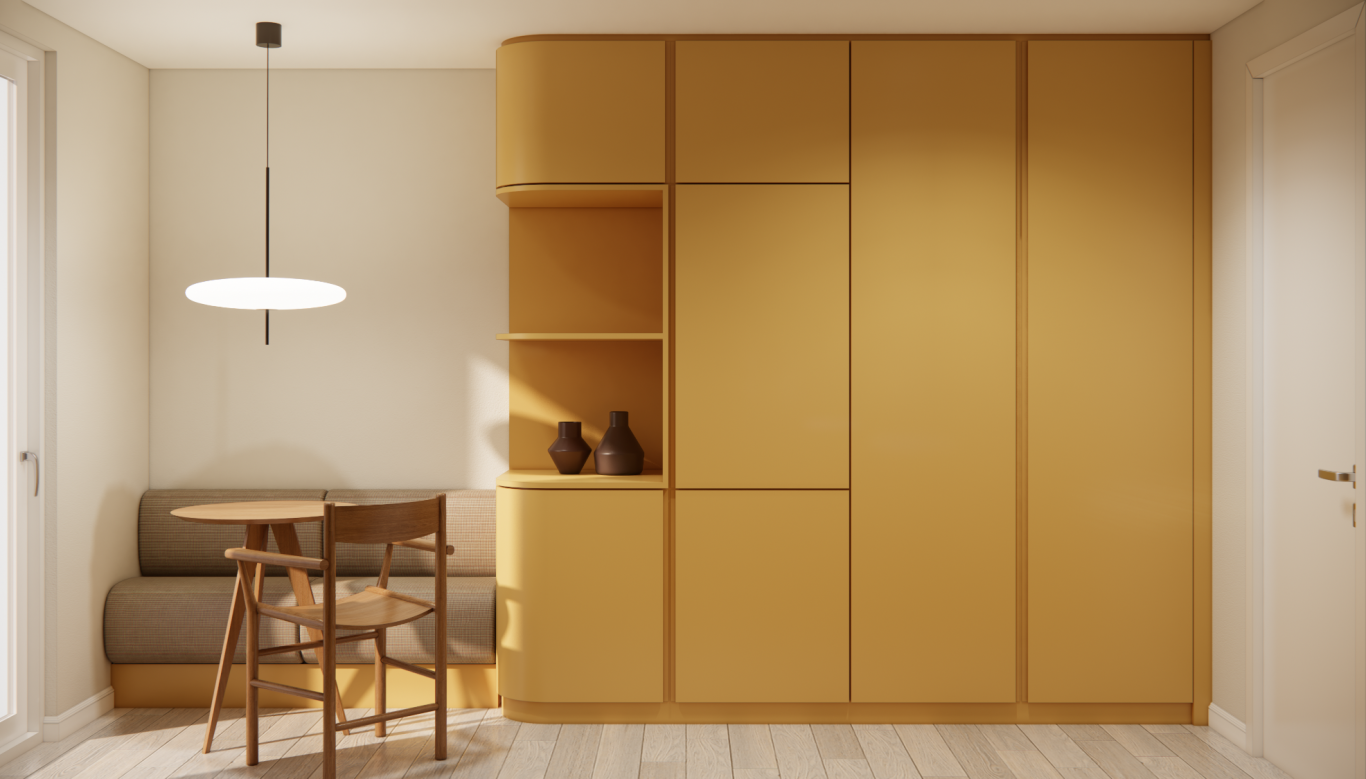 Rendering einer moderne Küche mit gelben Schränken, einem Tisch und Stühlen in neutralem Farbton und warmer Atmosphäre.