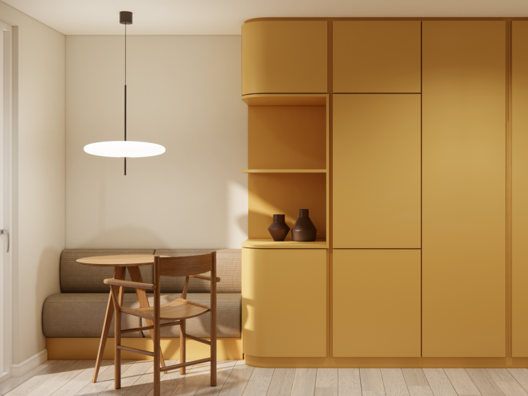 Heller Wohnraum mit Holzstuhl, Tisch und gelbem Schrank. Gemütliche Sitzecke in der Küche.