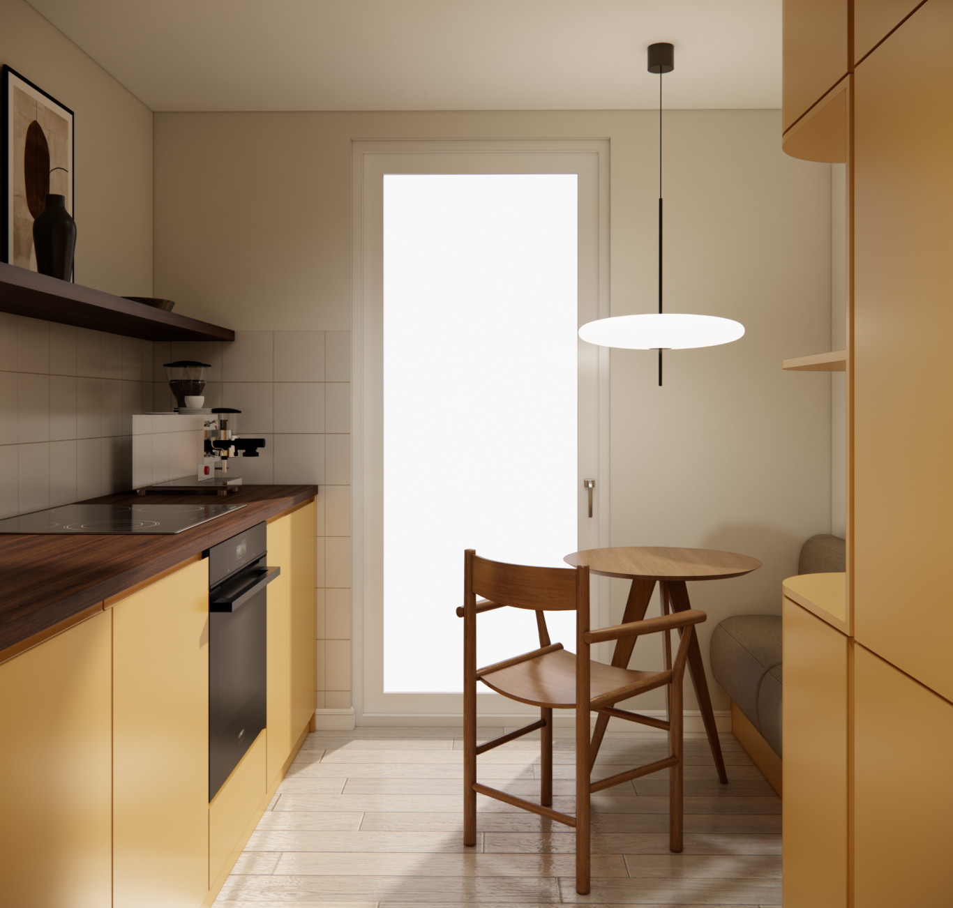 Moderne Küche mit gelben, hellen Schränken, einem runden Tisch und einem Stuhl.