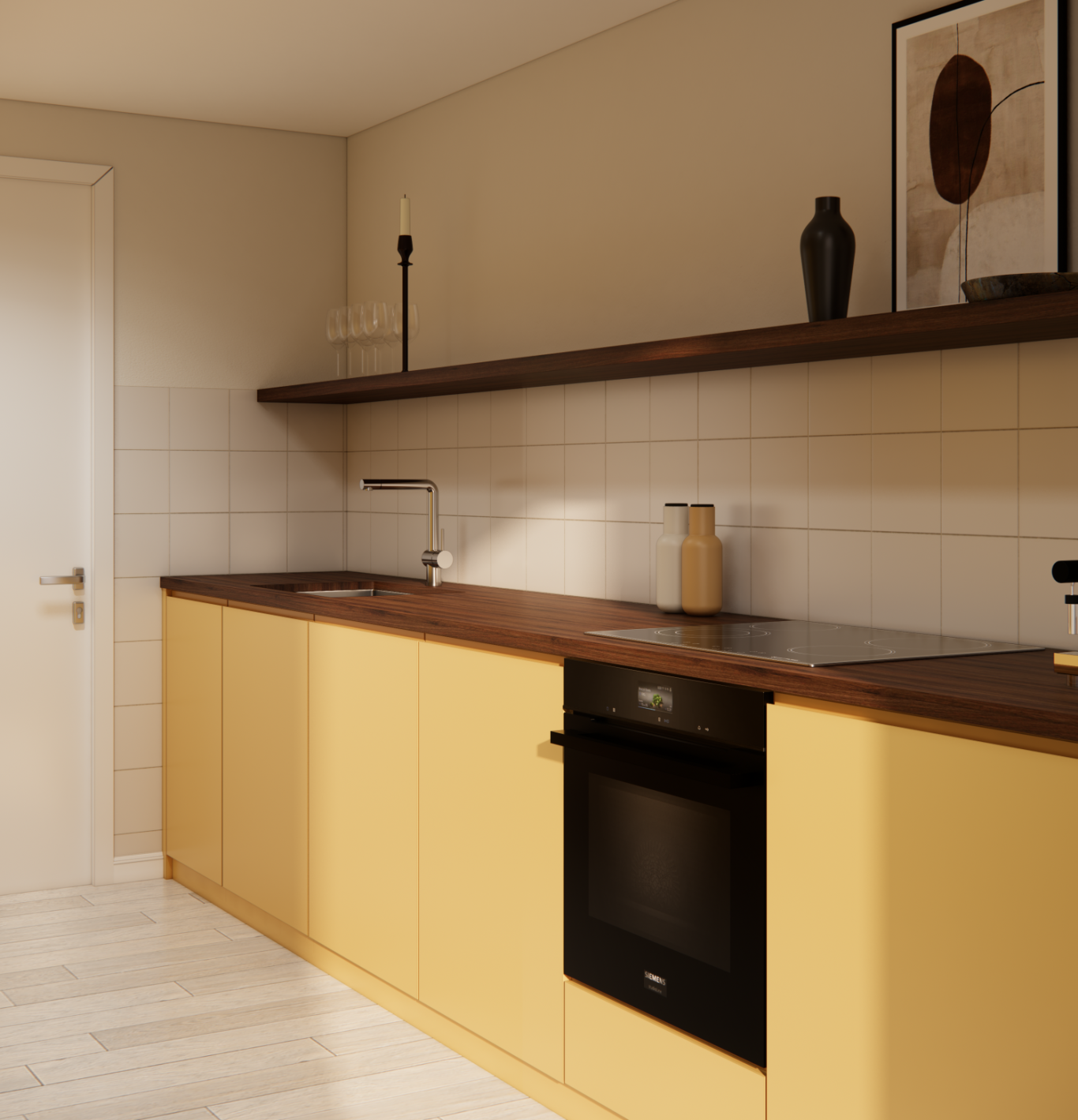 Moderne Küche mit gelben Schränken, Holzregal und minimalistischer Ausstattung.