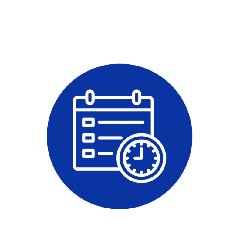 Blauer Kreis mit einem Kalender und einer Uhr, die eine Planung oder Zeitverwaltung symbolisieren.